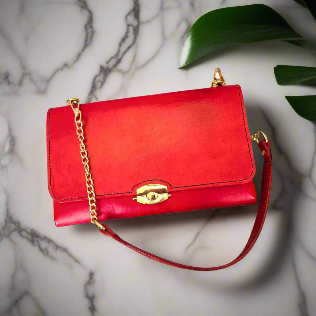 Handcrafted Red Leather Purse With Gold Chain Strap and Cornhusker Lining- Nebraska Cornhusker Football
