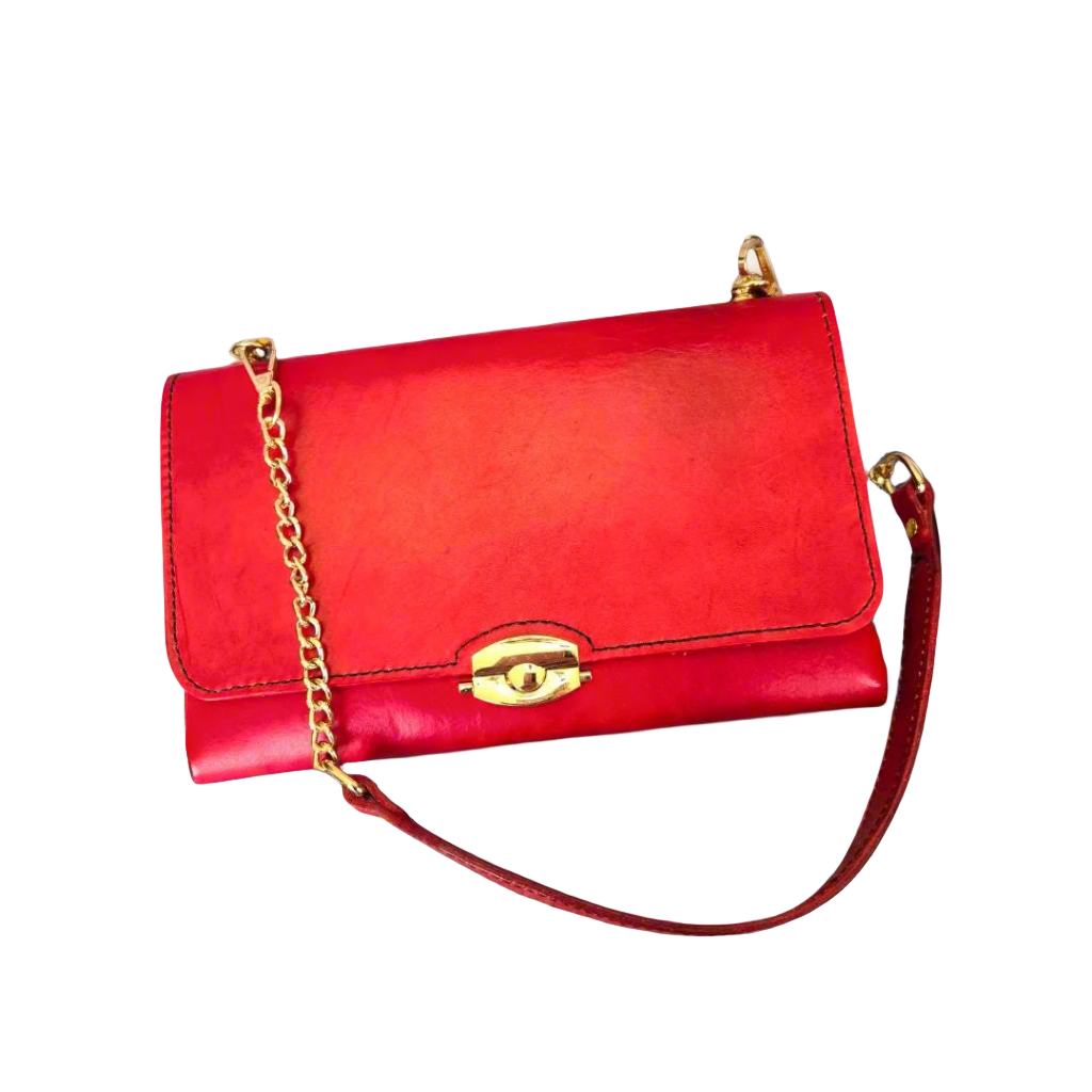 Handcrafted Red Leather Purse With Gold Chain Strap and Cornhusker Lining- Nebraska Cornhusker Football