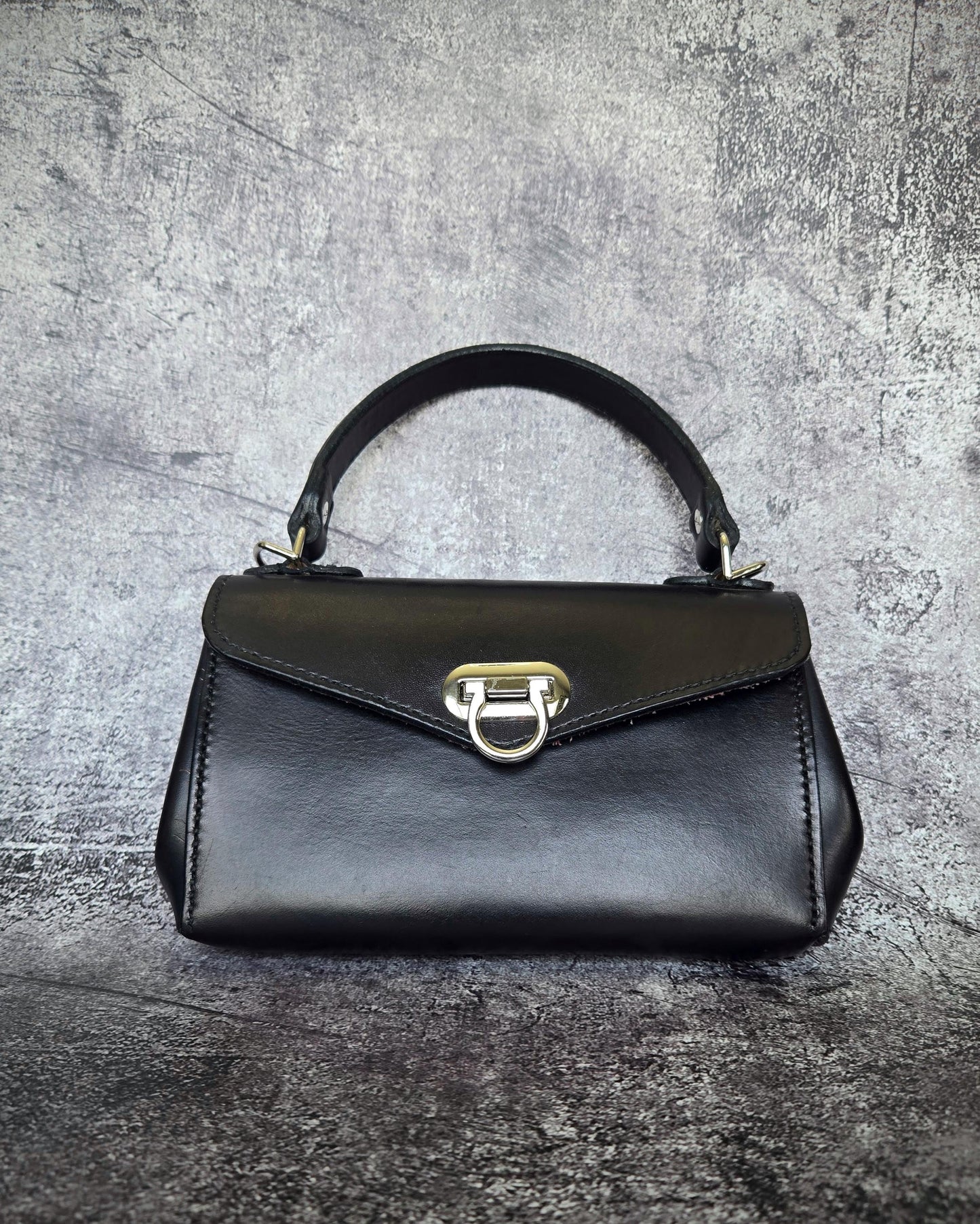 Hand Stitched, Full Grain, Black Leather mini Handbag with NE Cornhusker Football Lining - Handcrafted Purse