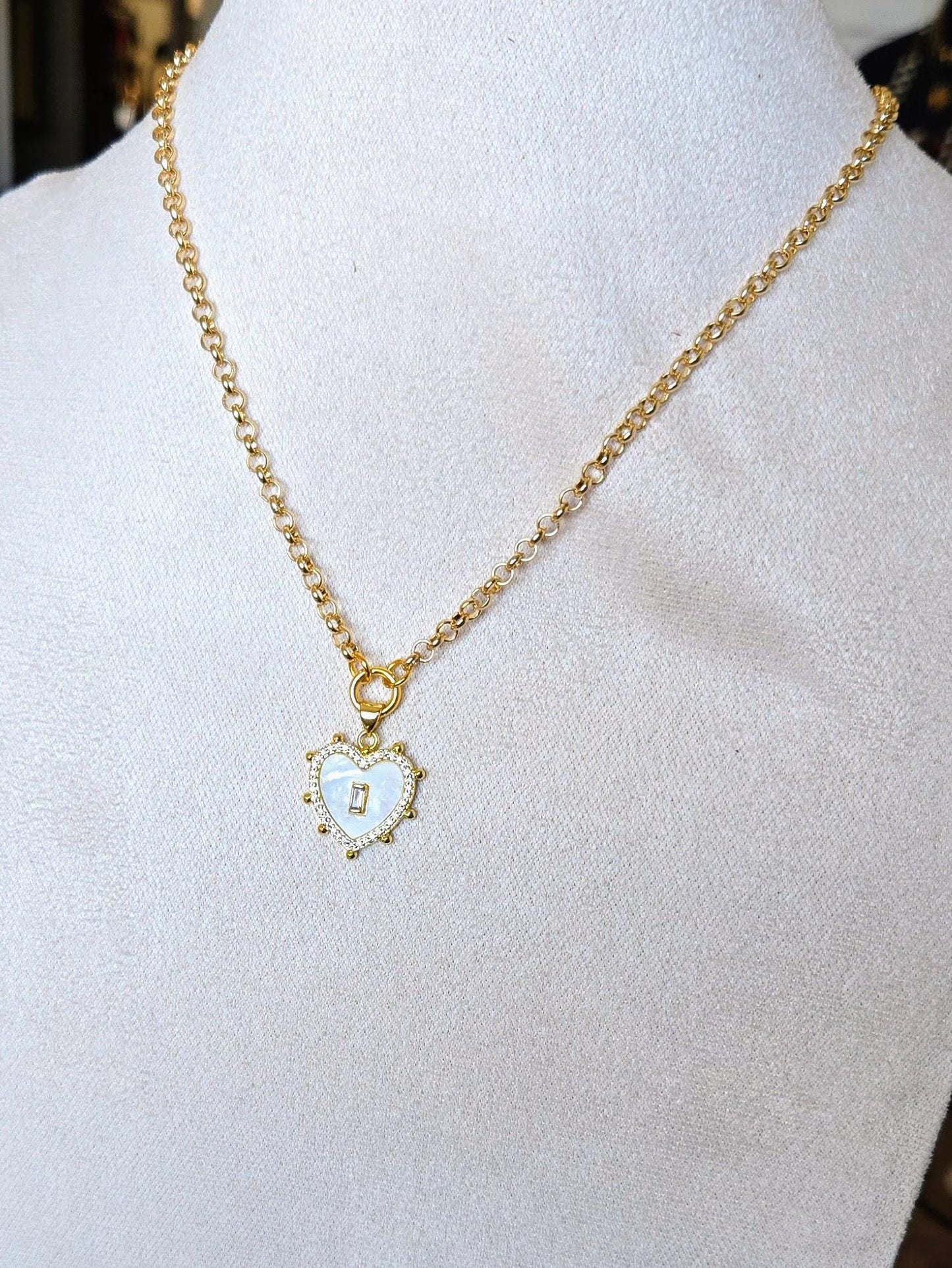 Petite Mother Of Pearl and Swarovski Crystal Heart Pendant on 18" Gold Tone Rolo Chain