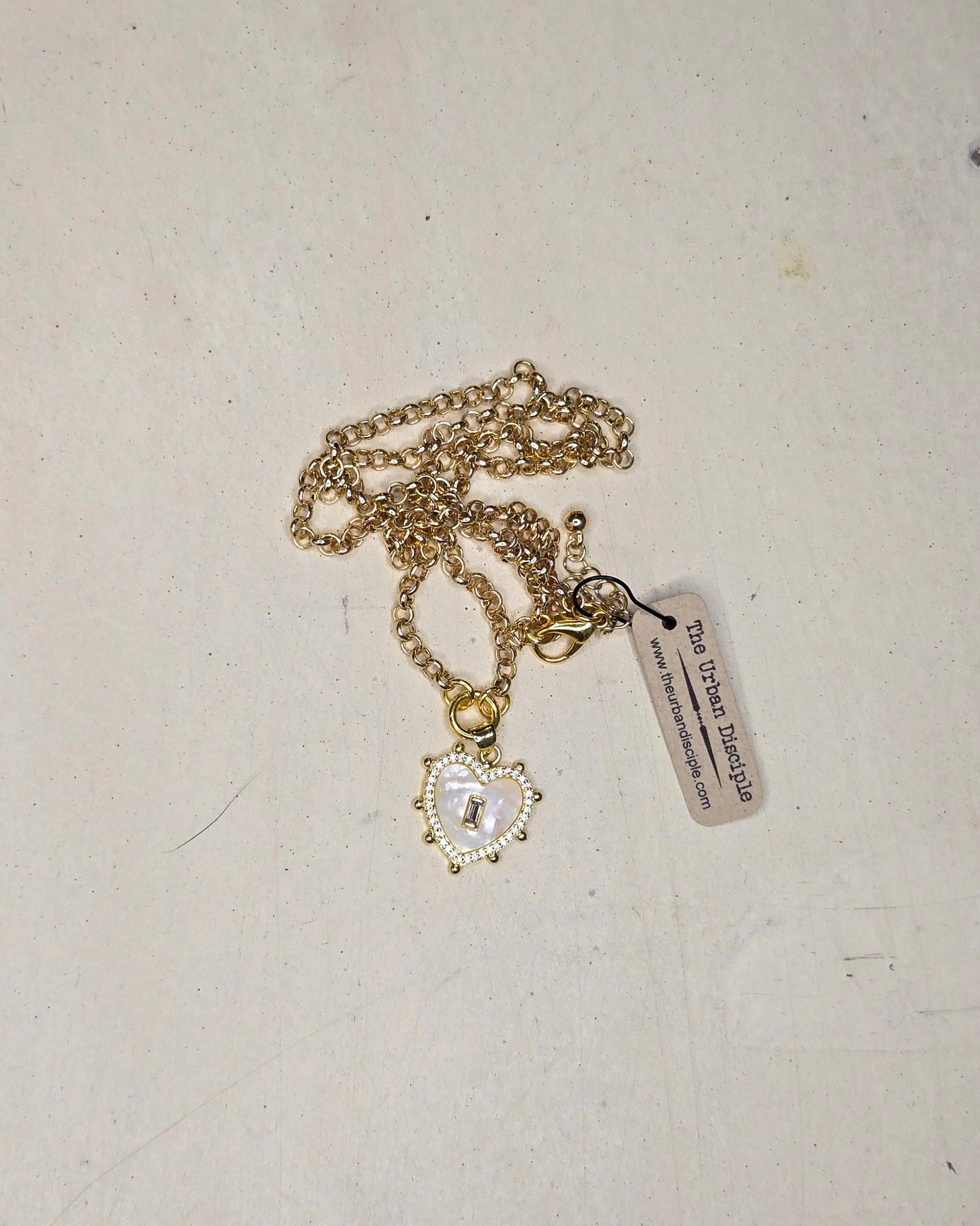 Petite Mother Of Pearl and Swarovski Crystal Heart Pendant on 18" Gold Tone Rolo Chain