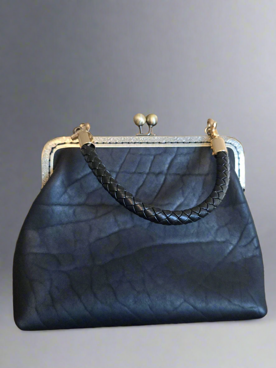 Small Black Leather Handbag with Ball Clasp Closure