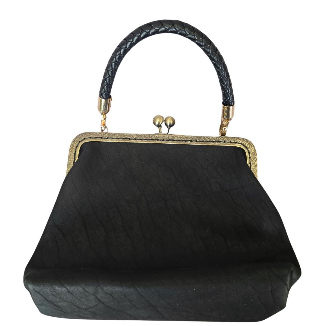 Small Black Leather Handbag with Ball Clasp Closure
