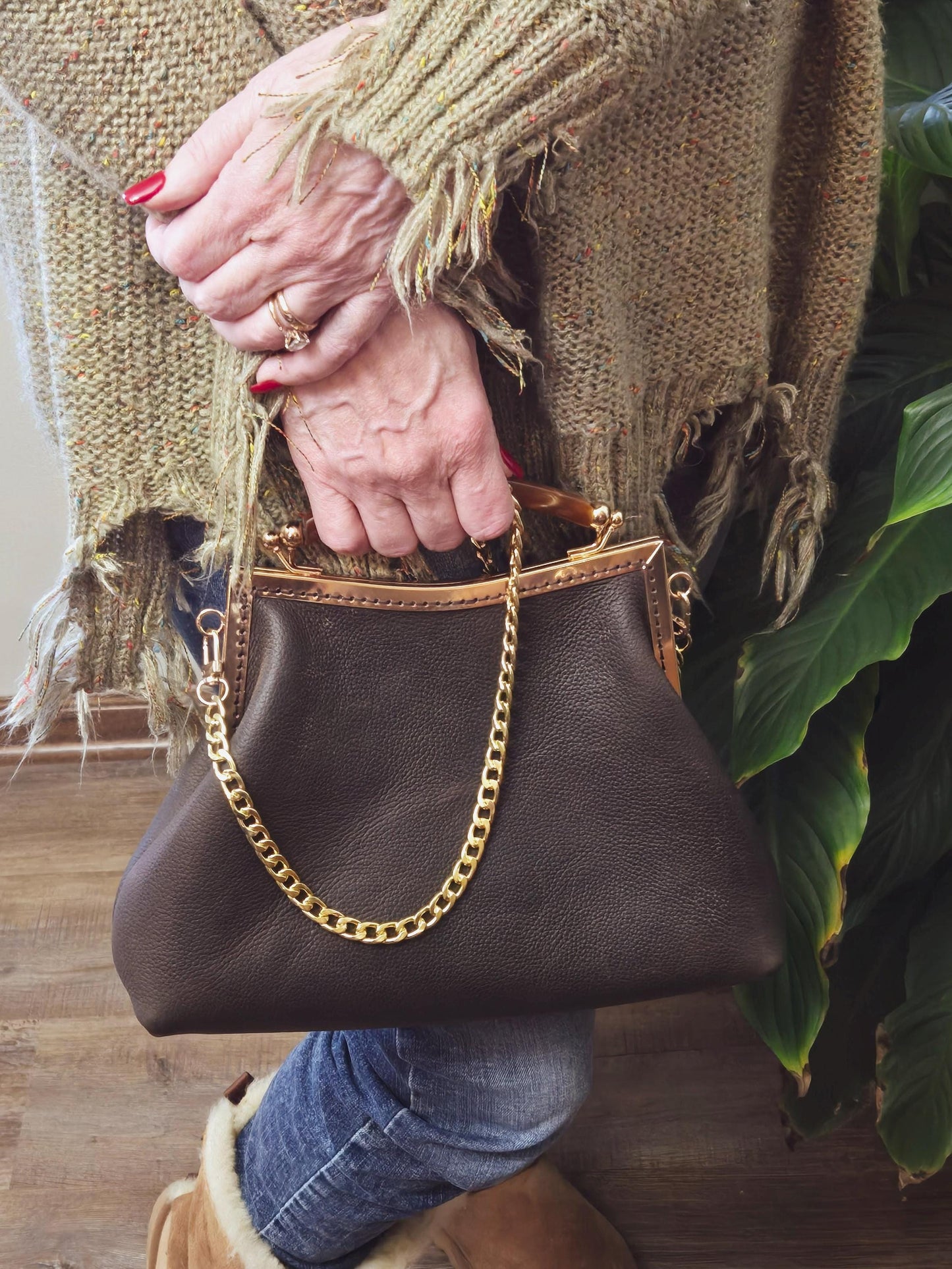 Small Dark Brown Leather Handbag with Ball Clasp Closure and removable Chain Strap