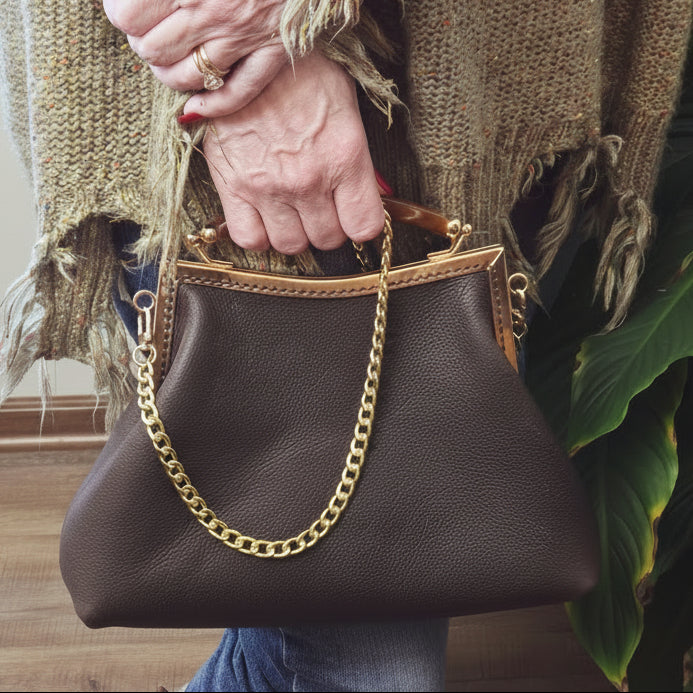 Small Dark Brown Leather Handbag with Ball Clasp Closure and removable Chain Strap