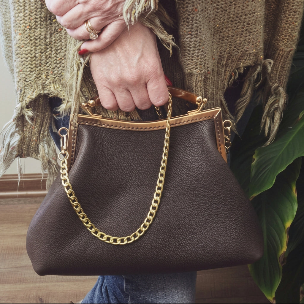 Small Dark Brown Leather Handbag with Ball Clasp Closure and removable Chain Strap