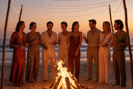 a group of people around beach campfire. all are wearing beautiful on trend summer clothing and accessories .