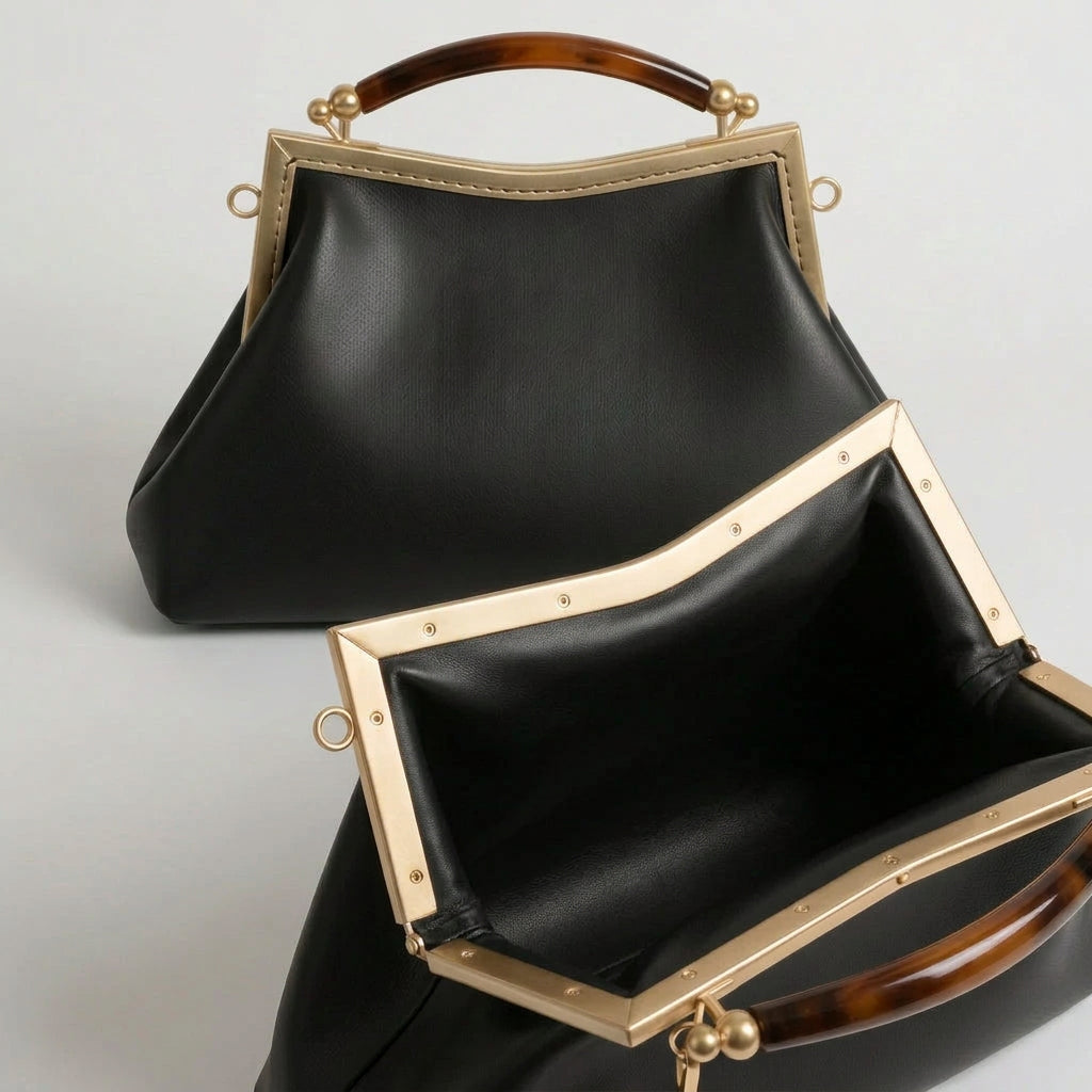 Dark Brown Leather Handbag with Ball Clasp Closure and removable Chain Strap -  Vintage Glam Handbag