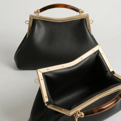 Dark Brown Leather Handbag with Ball Clasp Closure and removable Chain Strap -  Vintage Glam Handbag