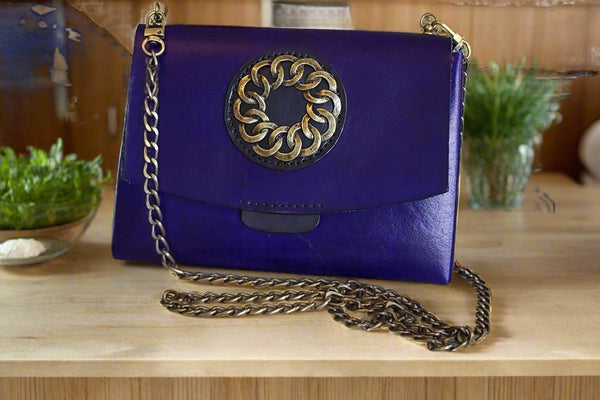 Blue Leather Purse With Burnished Gold Chain & Accents