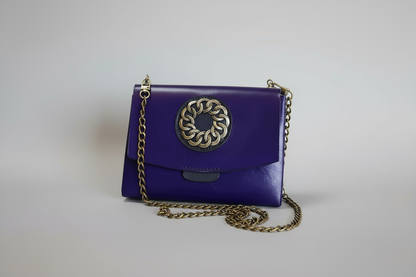Blue Leather Purse With Burnished Gold Chain & Accents
