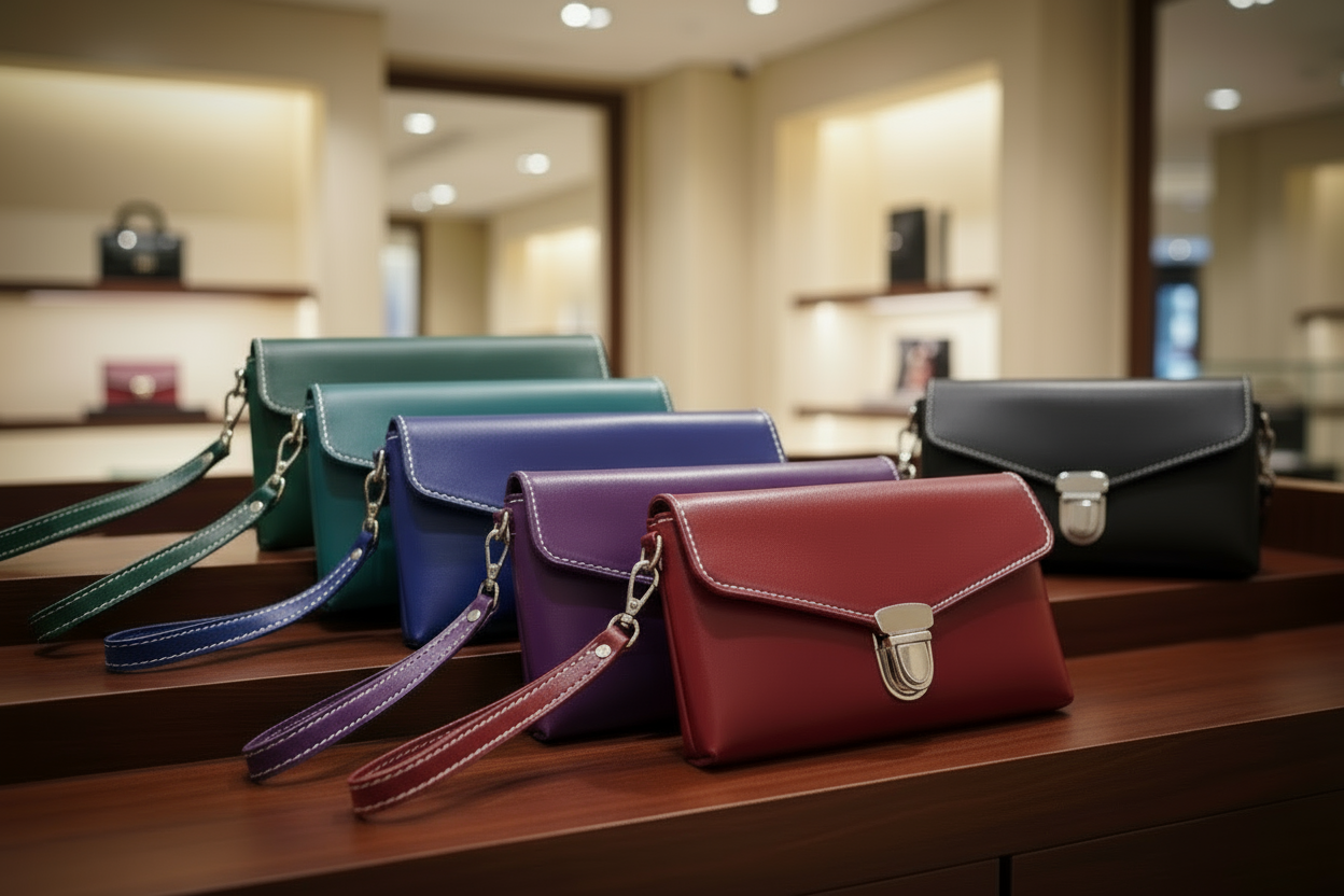 Row of colorful handbags on a wooden surface with a blurred store interior in the background.