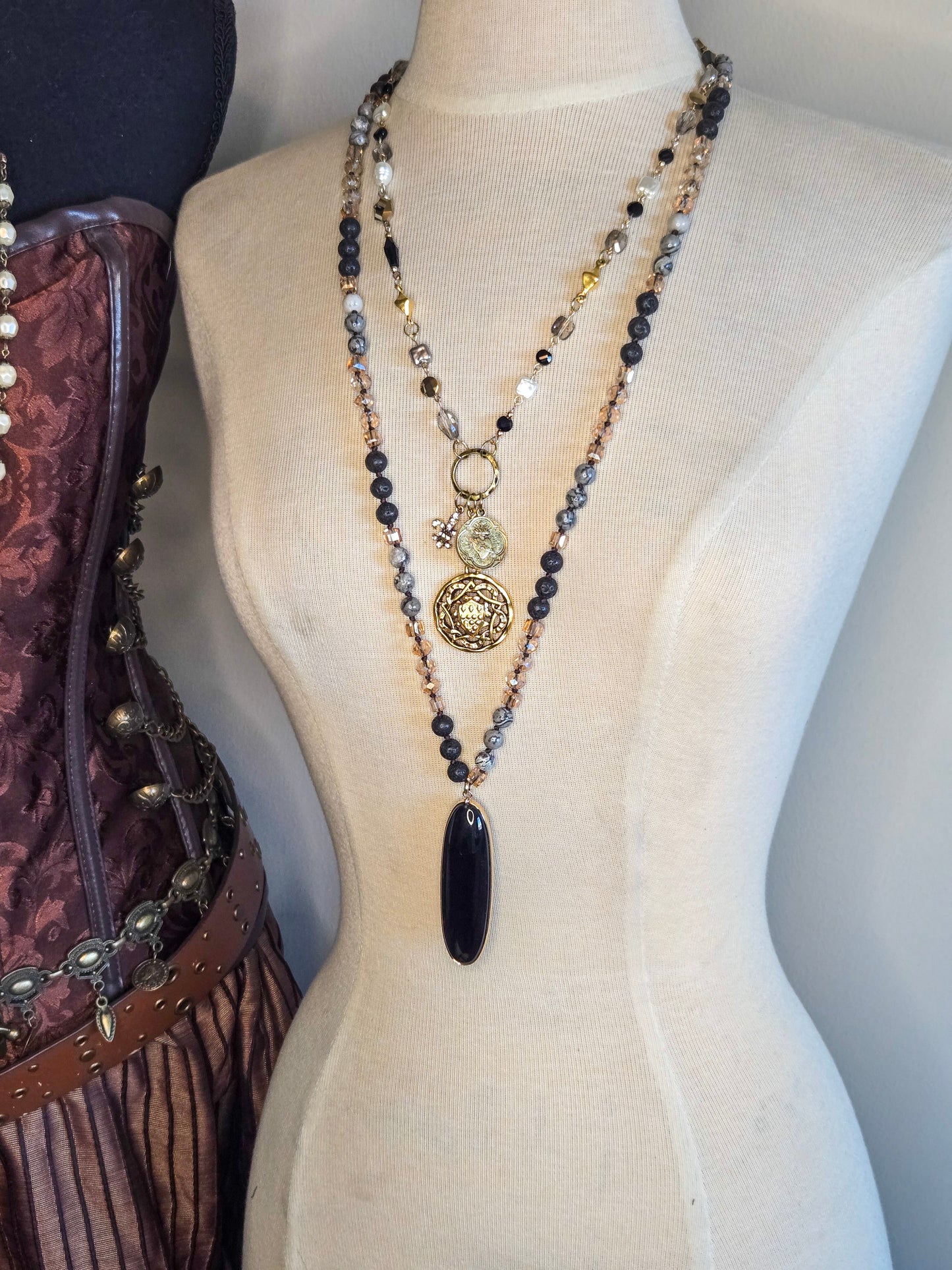 Sacred Heart Rosary Chain Necklace with Rhinestone Fleur de Lis & Filigree Pendant – Handcrafted & Small Batch Luxury