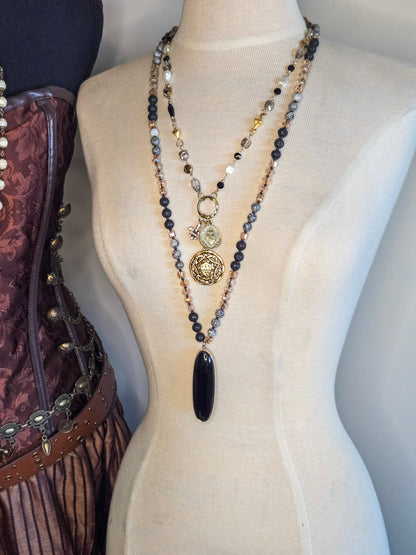 Sacred Heart Rosary Chain Necklace with Rhinestone Fleur de Lis & Filigree Pendant – Handcrafted & Small Batch Luxury