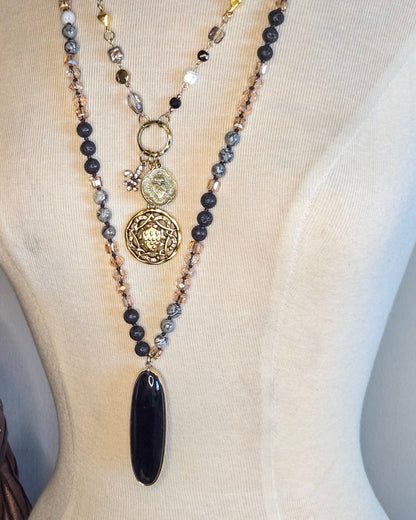 Hand-Knotted Genuine Labradorite Necklace with Black Obsidian Pendant – 30” Layering Necklace