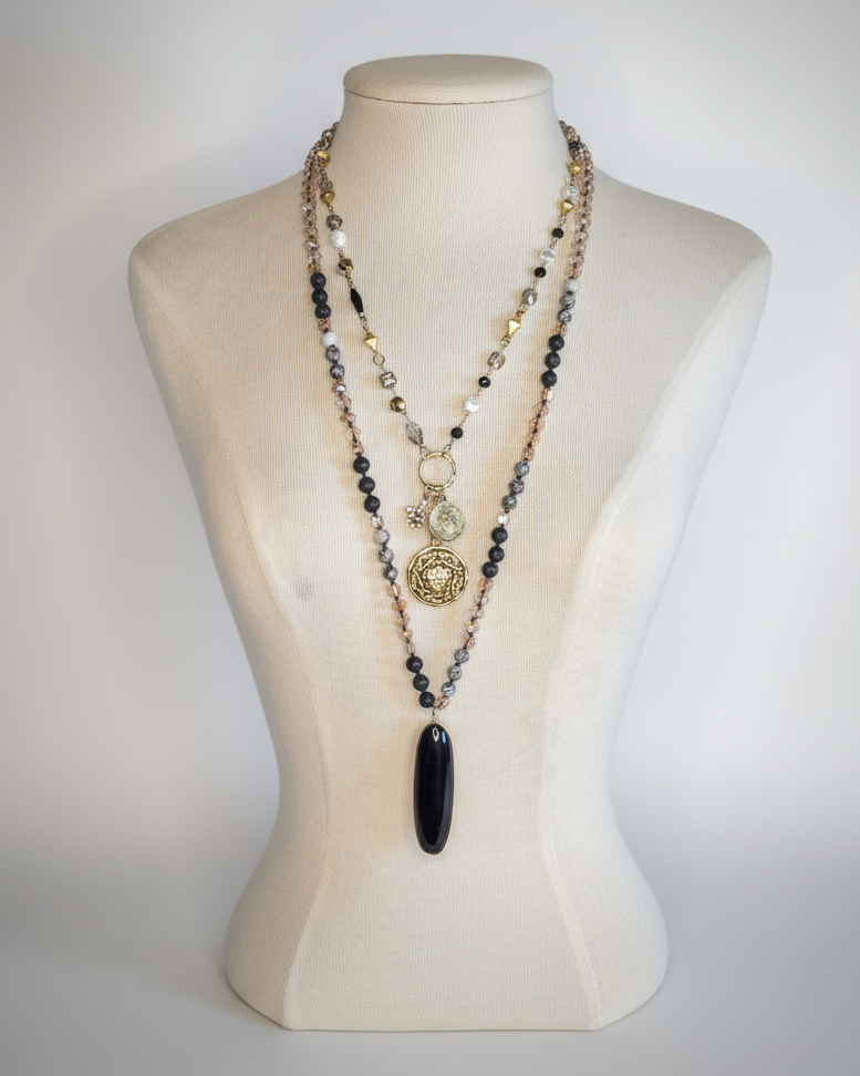 Hand-Knotted Genuine Labradorite Necklace with Black Obsidian Pendant – 30” Layering Necklace