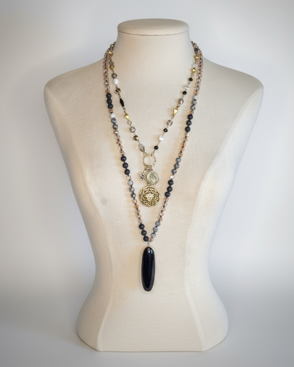 Hand-Knotted Genuine Labradorite Necklace with Black Obsidian Pendant – 30” Layering Necklace