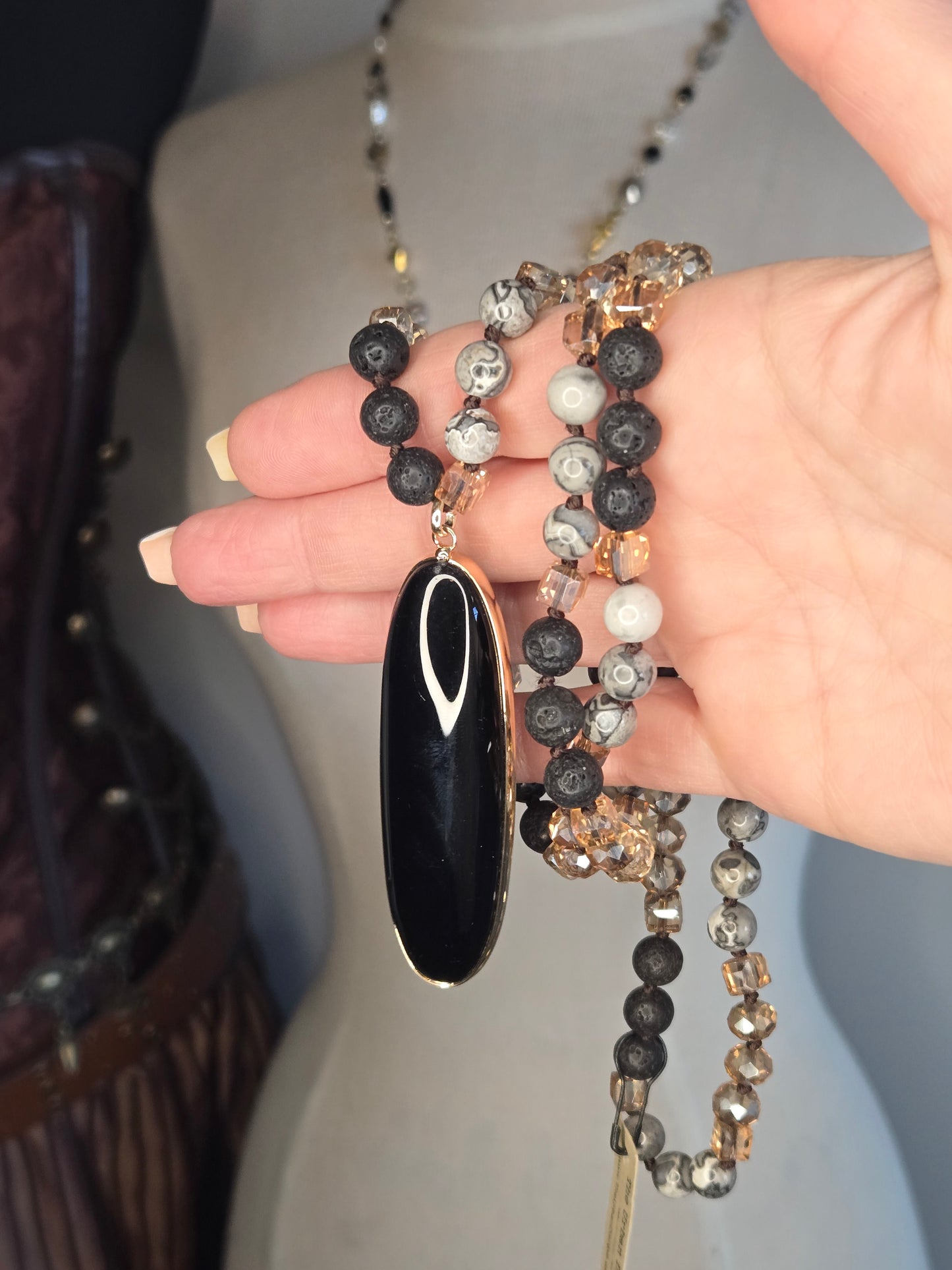 Hand-Knotted Genuine Labradorite Necklace with Black Obsidian Pendant – 30” Layering Necklace