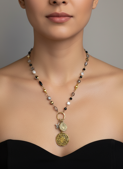 Sacred Heart Rosary Chain Necklace with Rhinestone Fleur de Lis & Filigree Pendant – Handcrafted & Small Batch Luxury