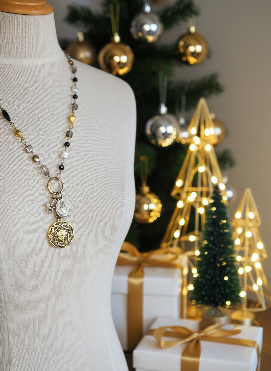 Sacred Heart Rosary Chain Necklace with Rhinestone Fleur de Lis & Filigree Pendant – Handcrafted & Small Batch Luxury