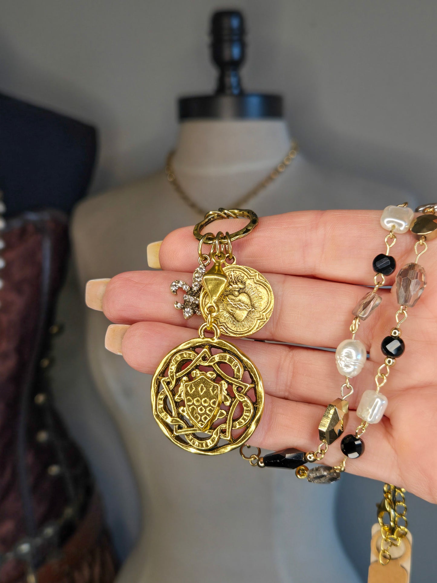 Sacred Heart Rosary Chain Necklace with Rhinestone Fleur de Lis & Filigree Pendant – Handcrafted & Small Batch Luxury