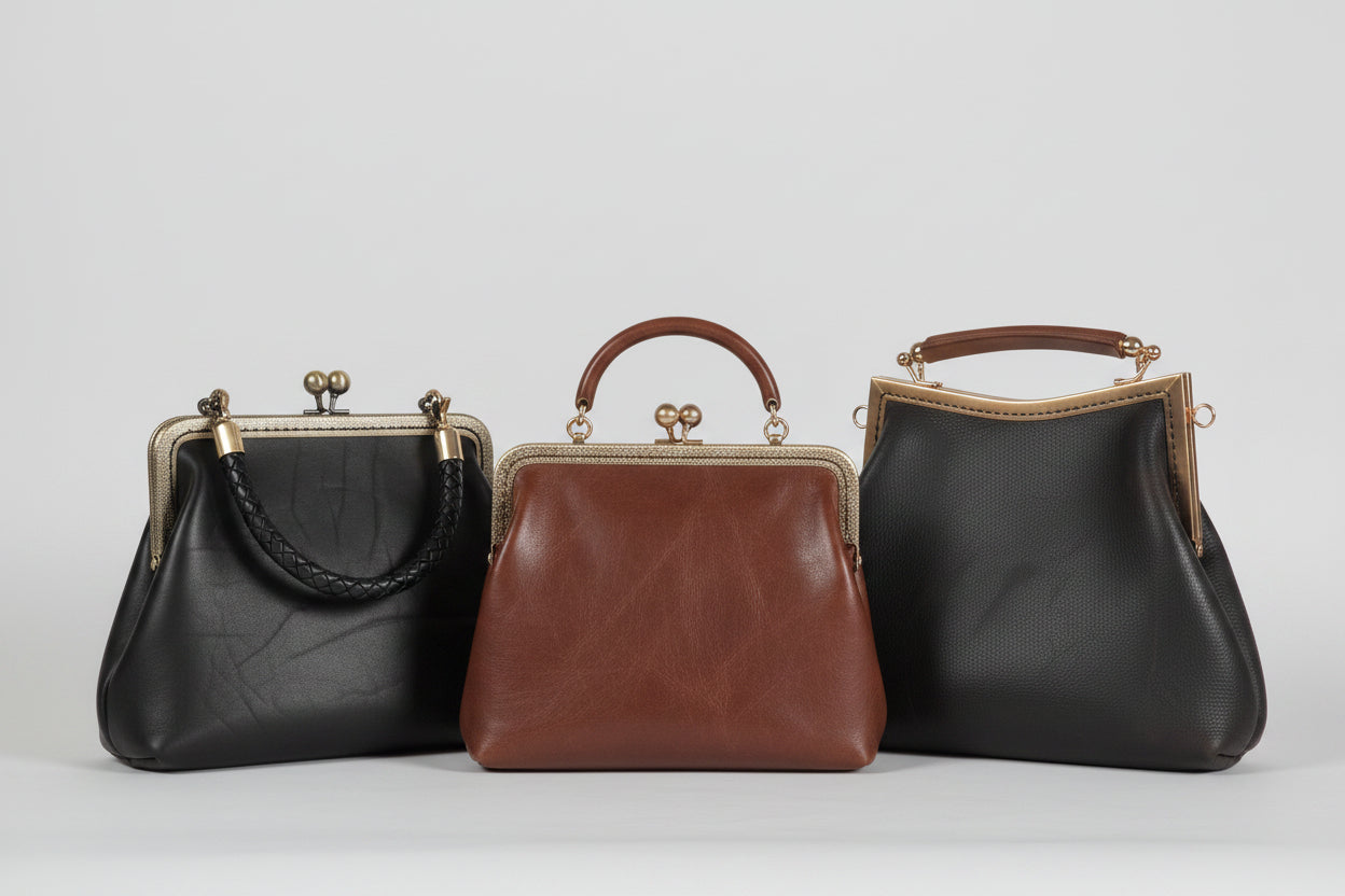 Small Brown Leather Handbag with Ball Clasp Closure