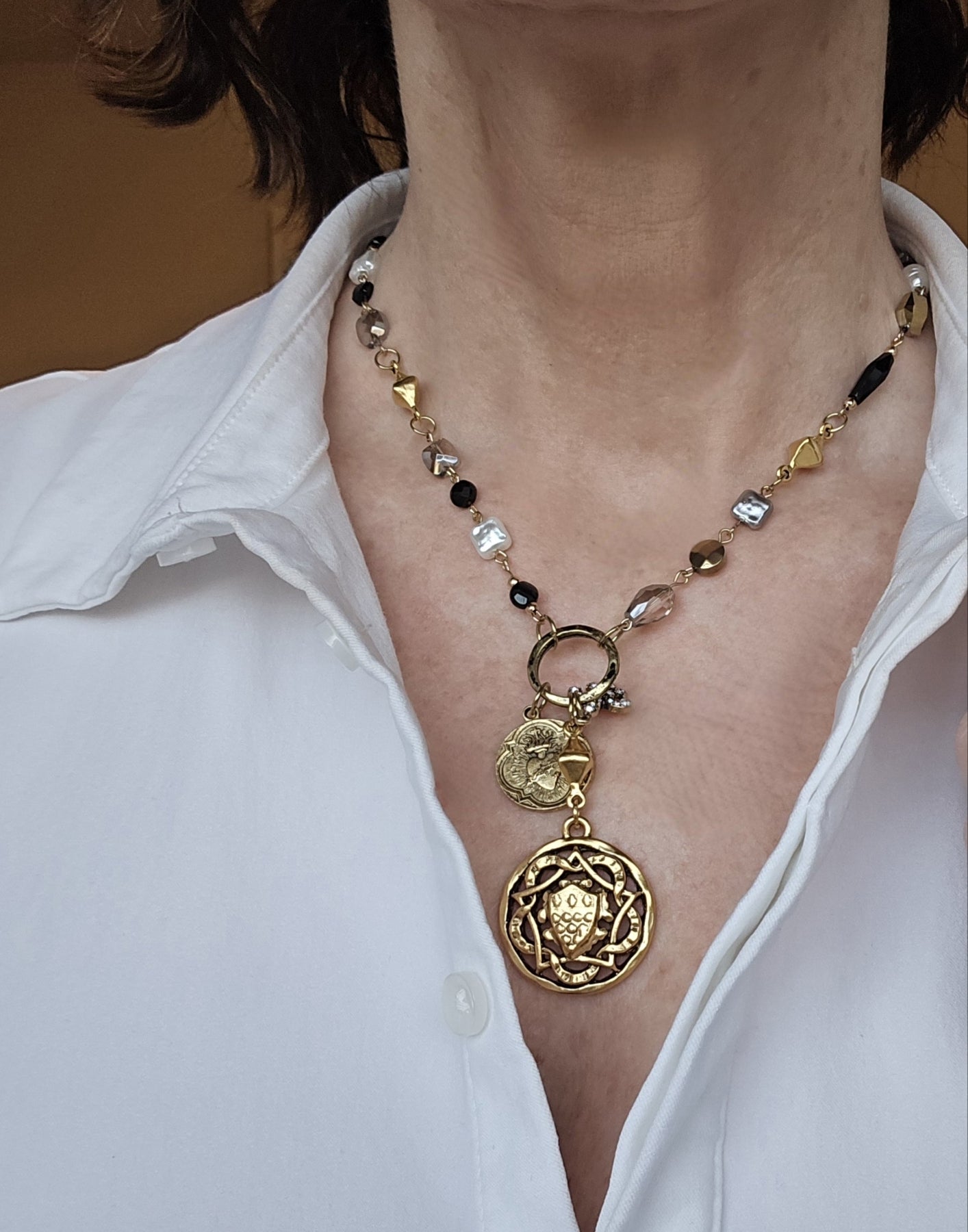 Sacred Heart Rosary Chain Necklace with Rhinestone Fleur de Lis & Filigree Pendant – Handcrafted & Small Batch Luxury