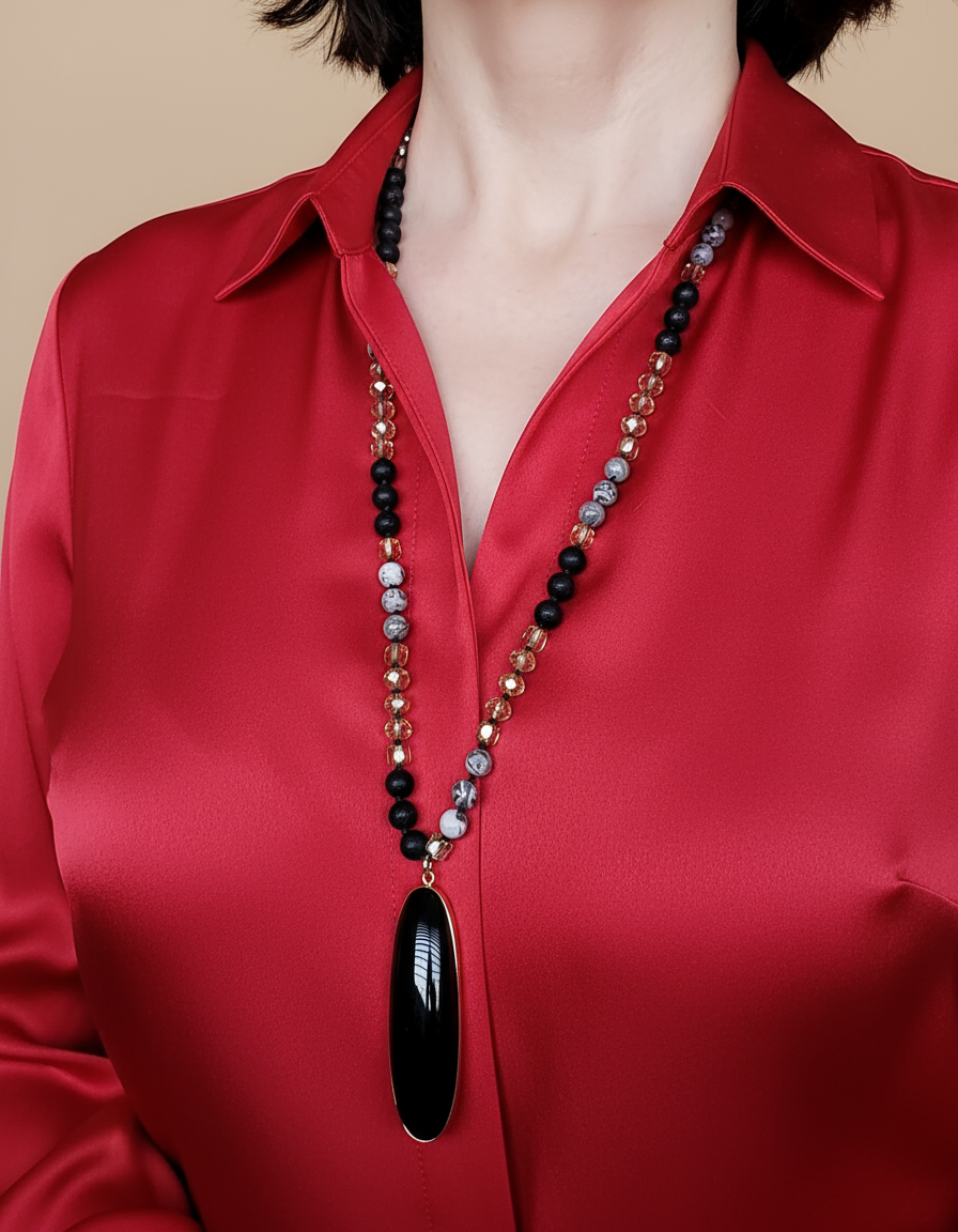 Hand-Knotted Genuine Labradorite Necklace with Black Obsidian Pendant – 30” Layering Necklace