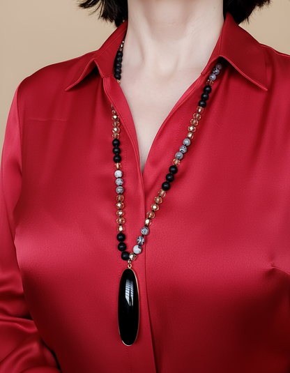 Hand-Knotted Genuine Labradorite Necklace with Black Obsidian Pendant – 30” Layering Necklace