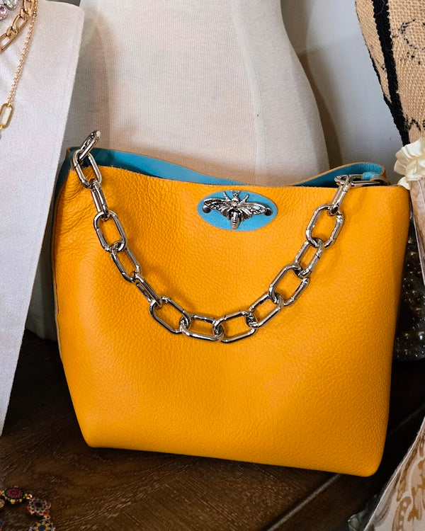 Handstitched Leather Bucket Bag - Turquoise & Yellow Boho Glam