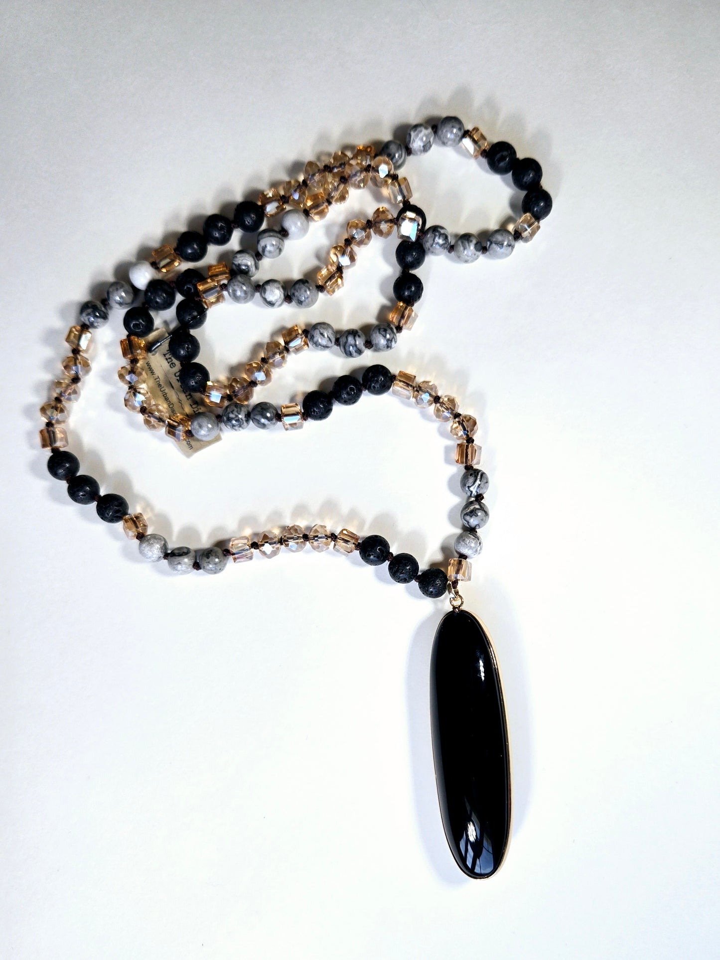 Hand-Knotted Genuine Labradorite Necklace with Black Obsidian Pendant – 30” Layering Necklace