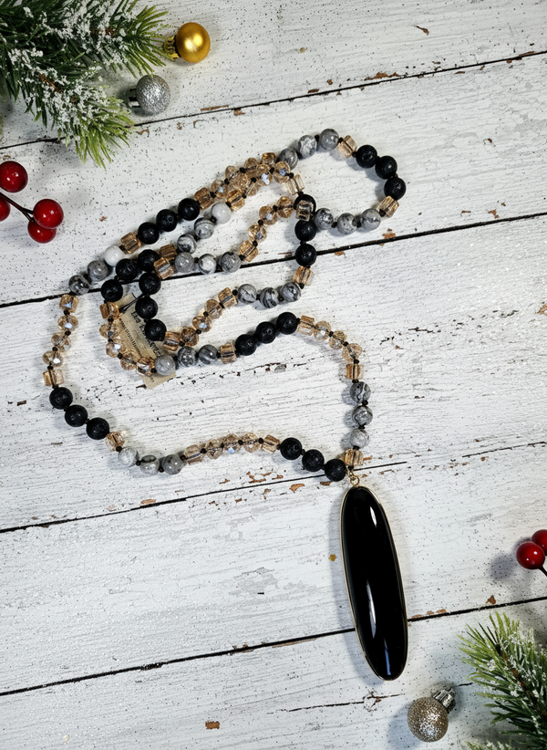 Hand-Knotted Genuine Labradorite Necklace with Black Obsidian Pendant – 30” Layering Necklace