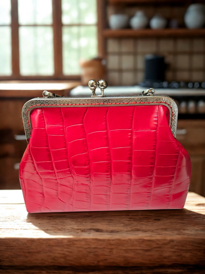 Full Grain Red Croc Embossed Leather Handbag | Convertible Chain Shoulder Bag