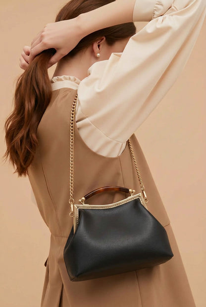 Dark Brown Leather Handbag with Ball Clasp Closure and removable Chain Strap -  Vintage Glam Handbag