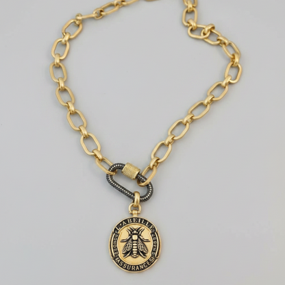 Chunky Matte Gold Bee Medallion Necklace with Black and Gold Pavé Carabiner