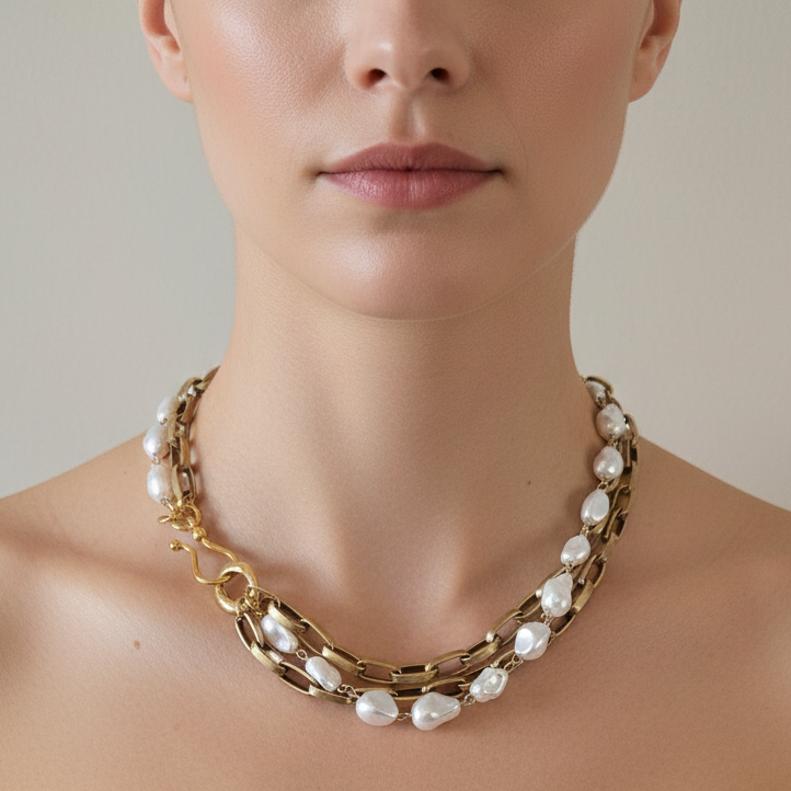 Elegant Baroque Pearl Multi-Strand Choker: Luxurious Gold Statement Necklace for Special Occasions