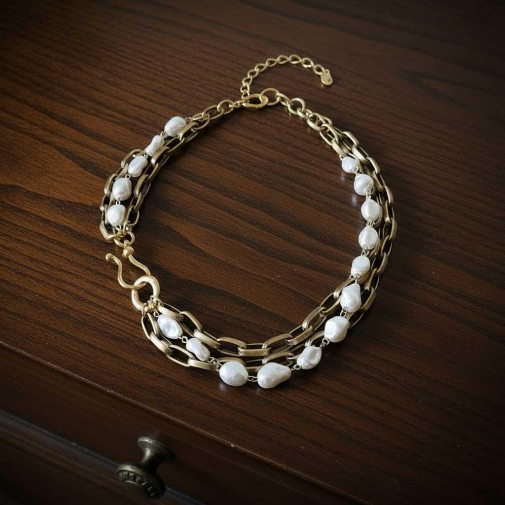 Elegant Baroque Pearl Multi-Strand Choker: Luxurious Gold Statement Necklace for Special Occasions
