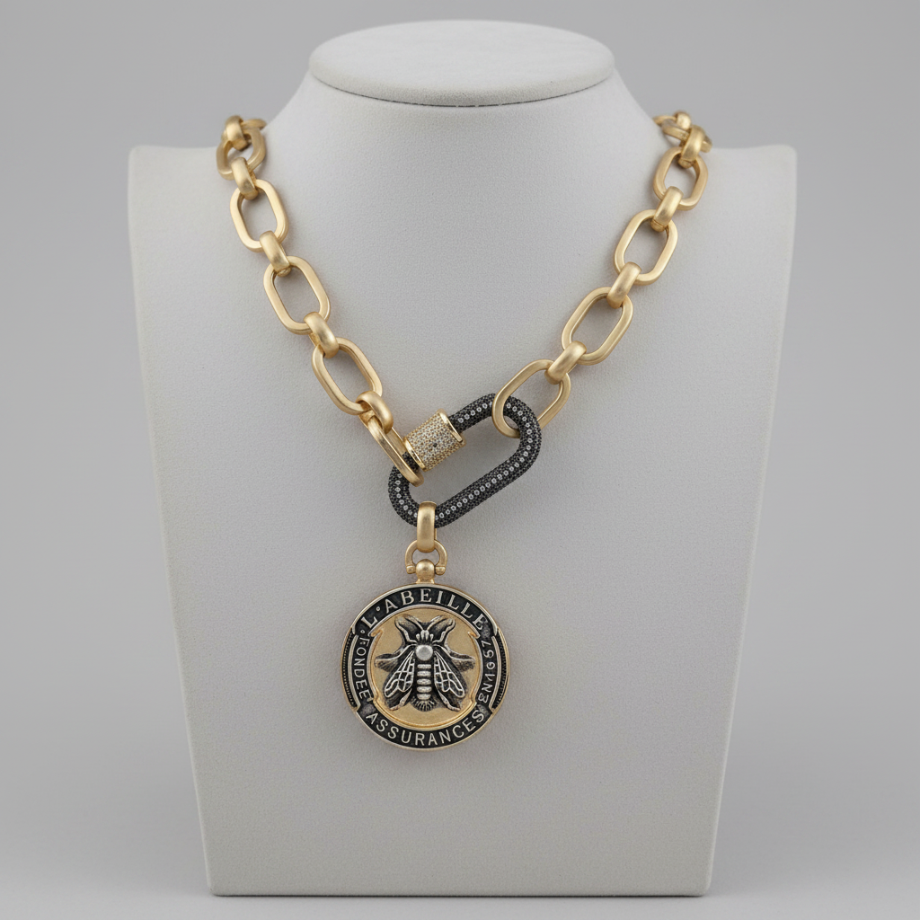 Chunky Matte Gold Bee Medallion Necklace with Black and Gold Pavé Carabiner