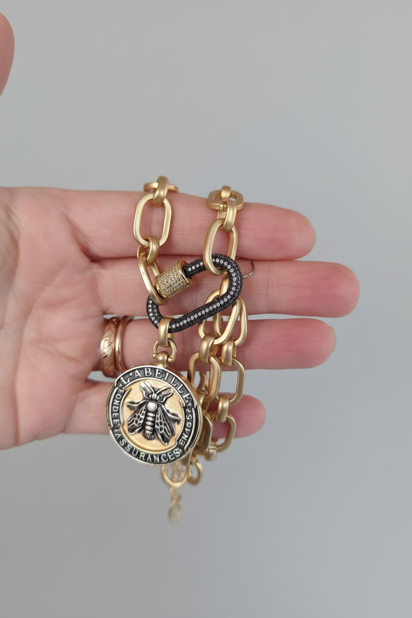 Chunky Matte Gold Bee Medallion Necklace with Black and Gold Pavé Carabiner