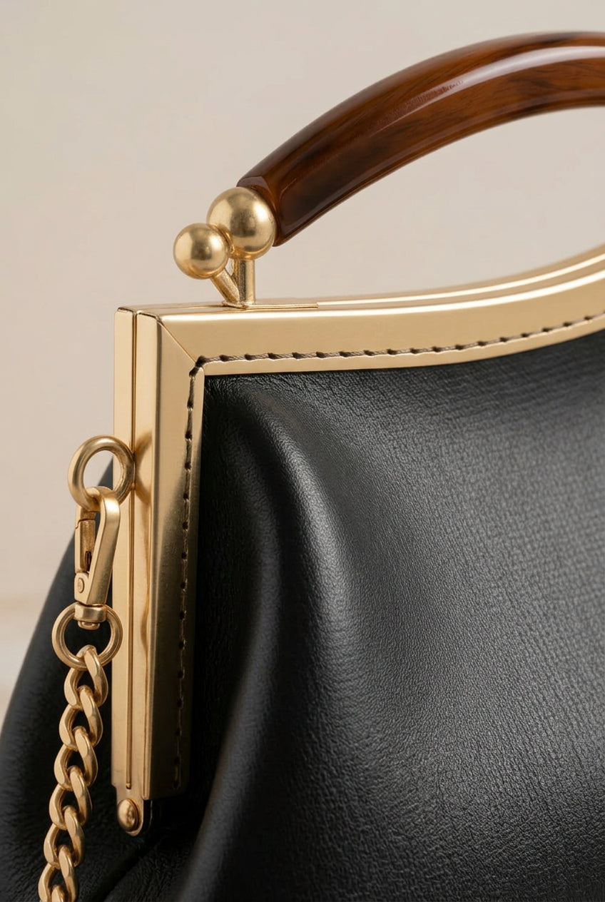 Dark Brown Leather Handbag with Ball Clasp Closure and removable Chain Strap -  Vintage Glam Handbag