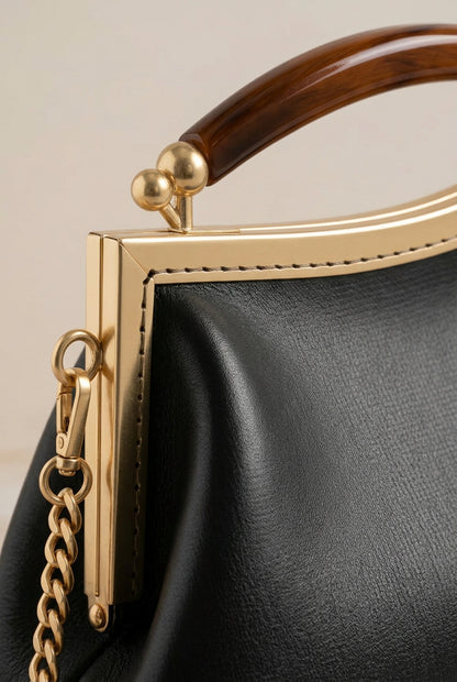 Dark Brown Leather Handbag with Ball Clasp Closure and removable Chain Strap -  Vintage Glam Handbag