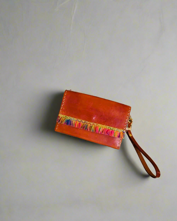 Distressed Brown Leather wristlet with blue crystal accents and colorful fringe