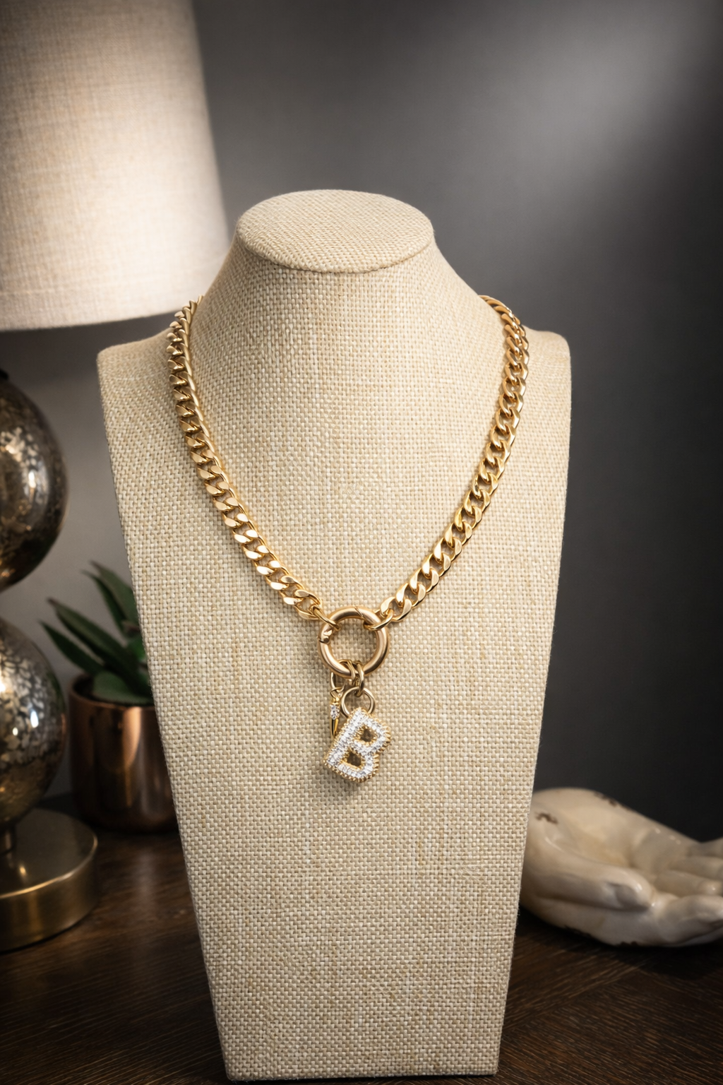 Gold Curb Chain Initial Necklace with Pavé Letter Charm & Spike Accent