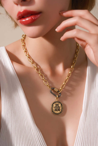 Chunky Matte Gold Bee Medallion Necklace with Black and Gold Pavé Carabiner