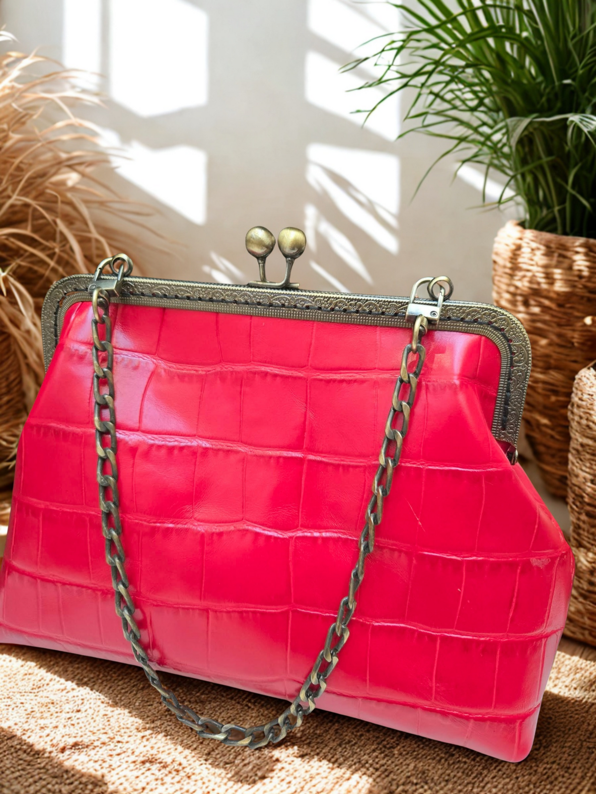 Full Grain Red Croc Embossed Leather Handbag | Convertible Chain Shoulder Bag
