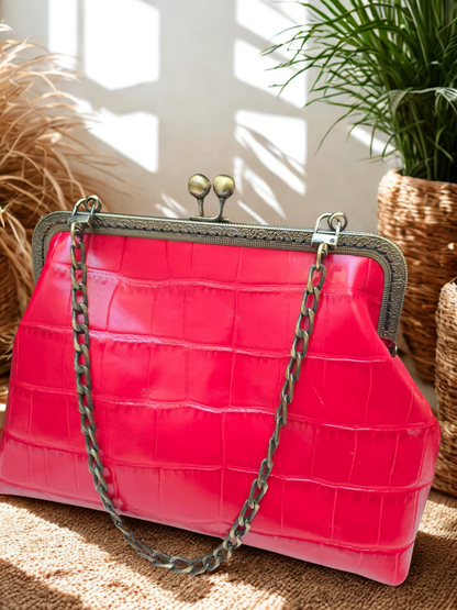 Full Grain Red Croc Embossed Leather Handbag | Convertible Chain Shoulder Bag