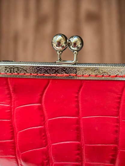 Full Grain Red Croc Embossed Leather Handbag | Convertible Chain Shoulder Bag