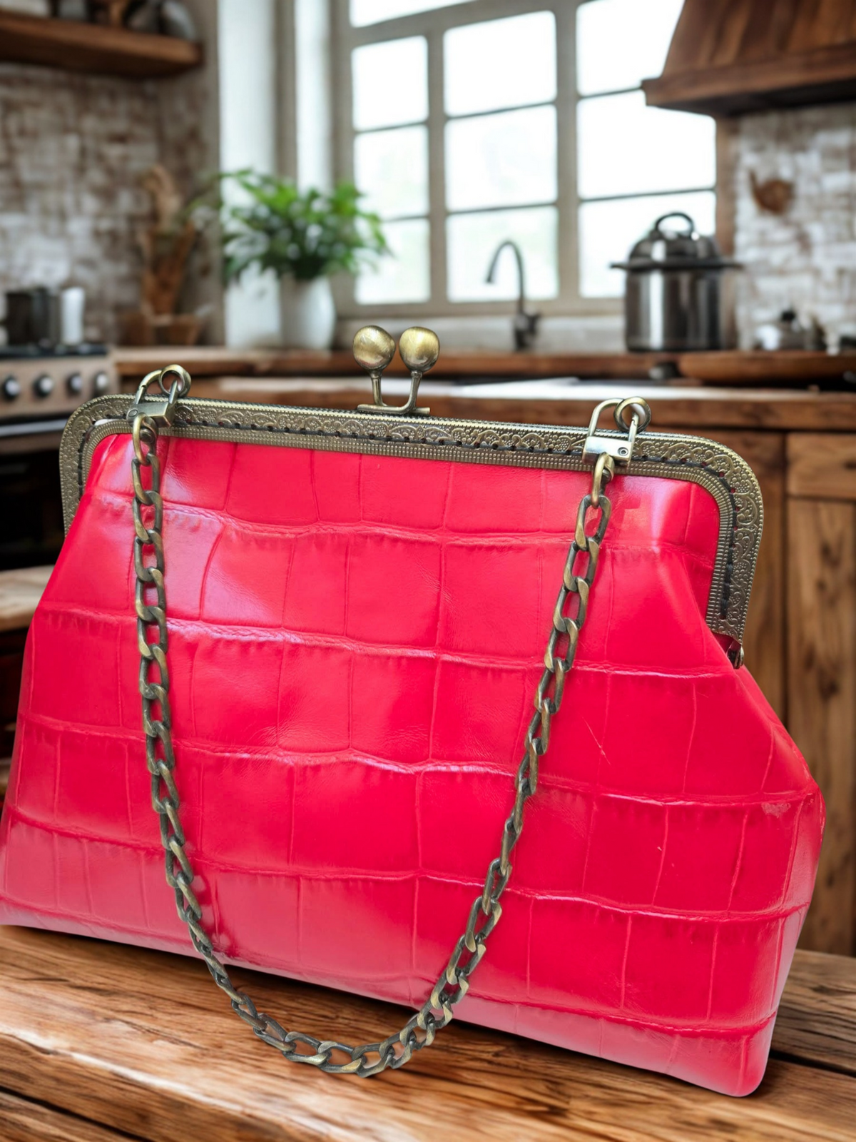 Full Grain Red Croc Embossed Leather Handbag | Convertible Chain Shoulder Bag