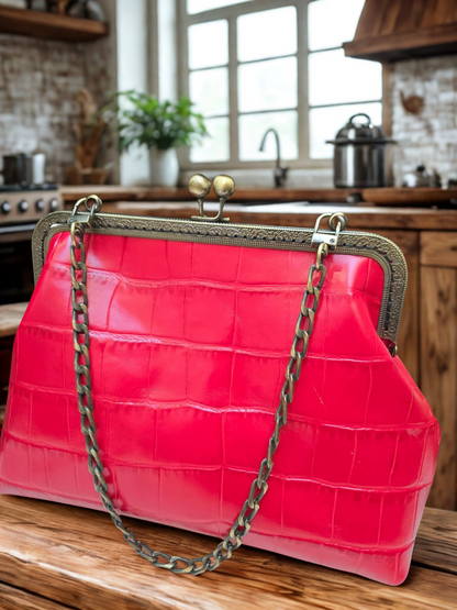 Full Grain Red Croc Embossed Leather Handbag | Convertible Chain Shoulder Bag