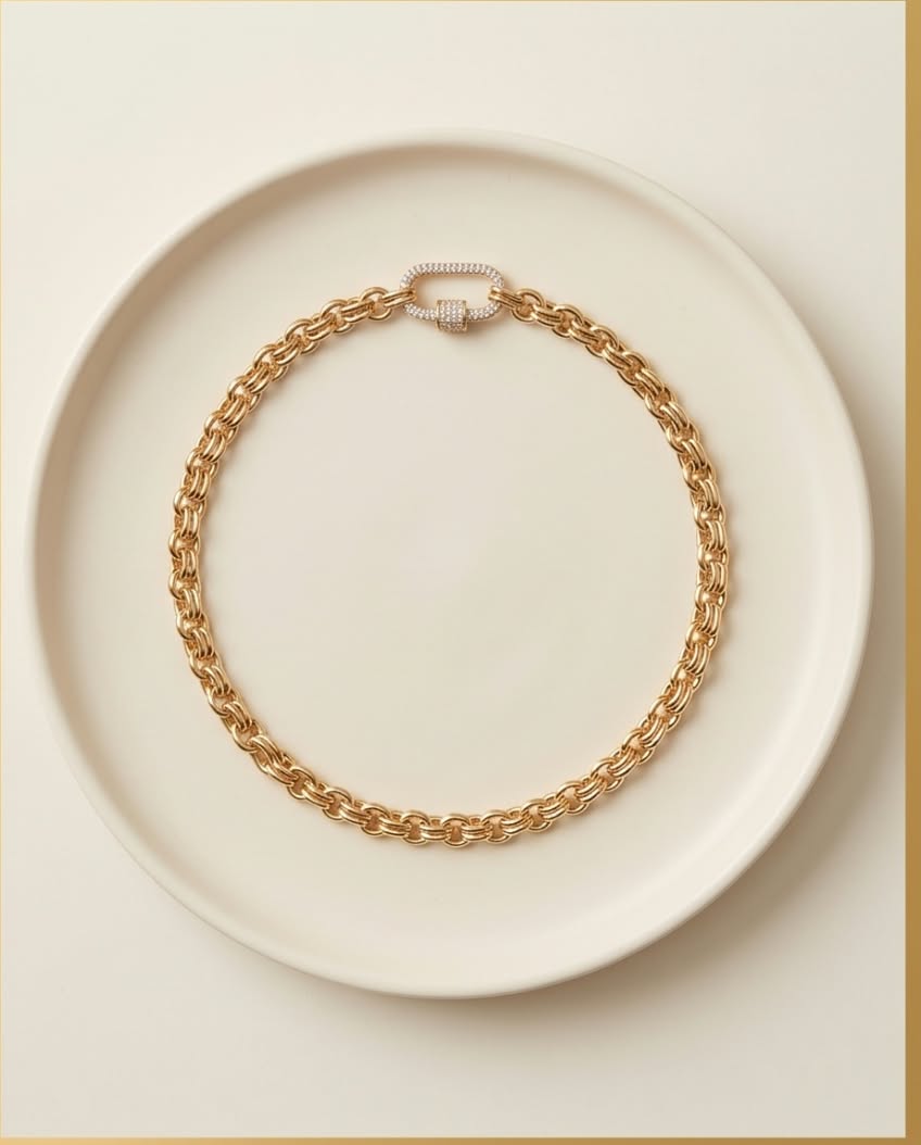 Carabiner Necklace Luxurious Multilink Chain Choker featuring Textured Design and CZ Pave Carabiner Clasp